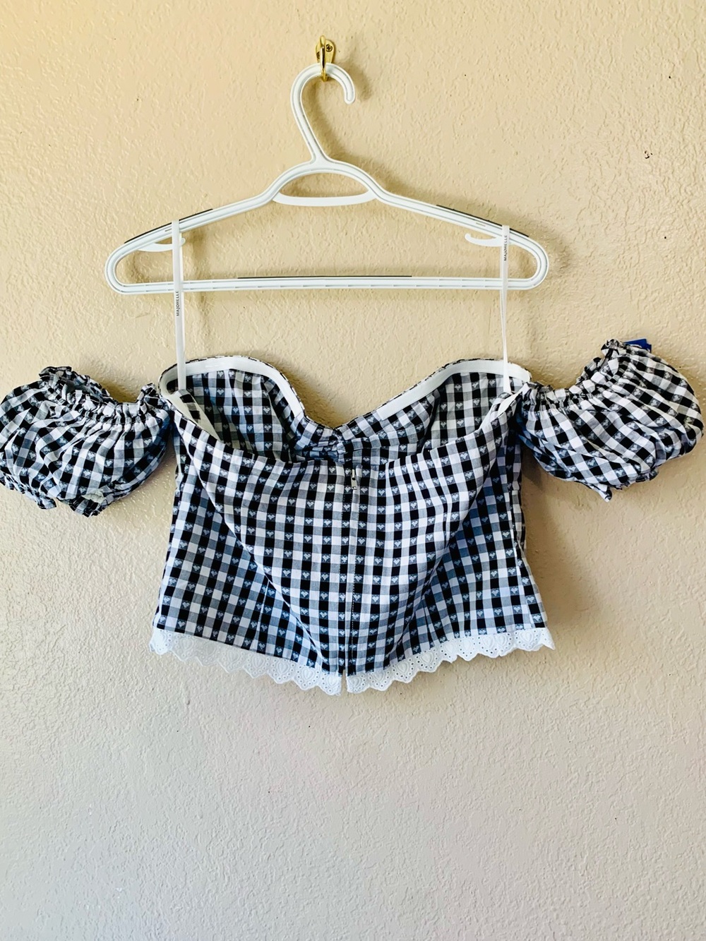 MAJORELLE Reece Heart Print Gingham Off The Shoulder Cottagecore Crop Top Size L - Picture 4 of 5